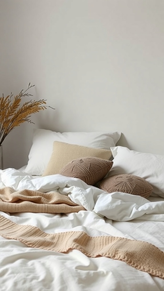 A cozy bed with layered textiles including pillows and blankets.