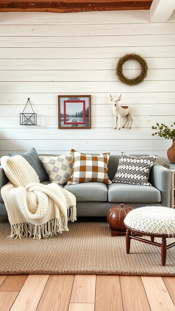 A cozy living room featuring a gray sofa with layered textiles, including patterned pillows and a soft throw, complemented by a natural rug.