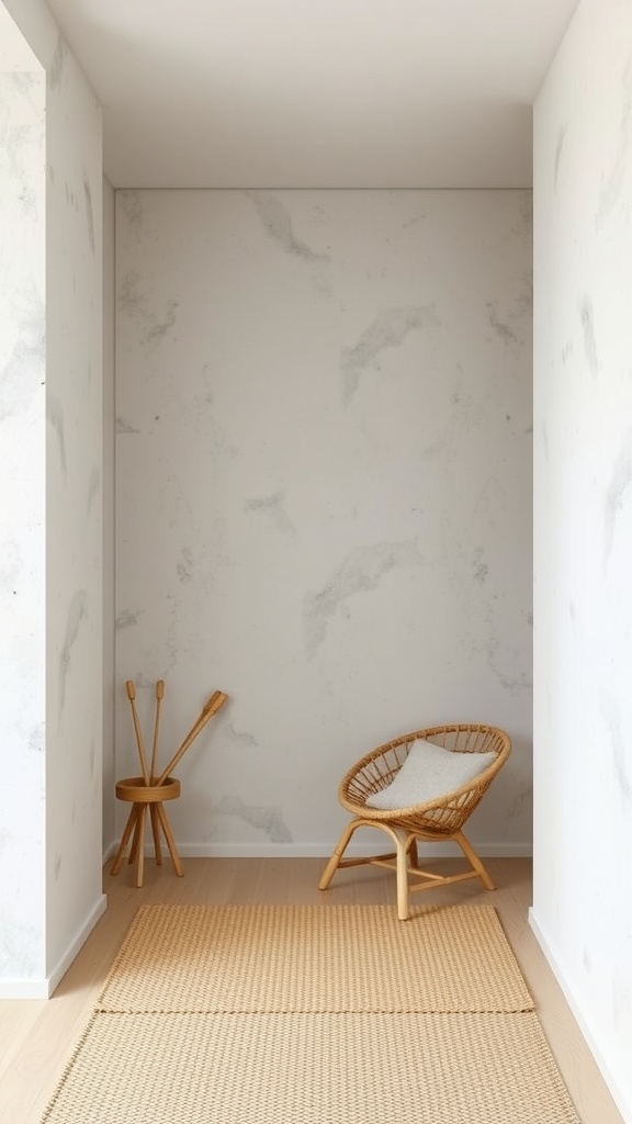 A cozy interior featuring layered textures with a rattan chair, wooden accents, and a woven rug.