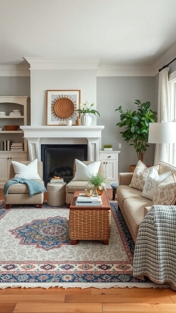 A cozy living room with layered textures, featuring a woven coffee table, soft sofas, and decorative pillows.