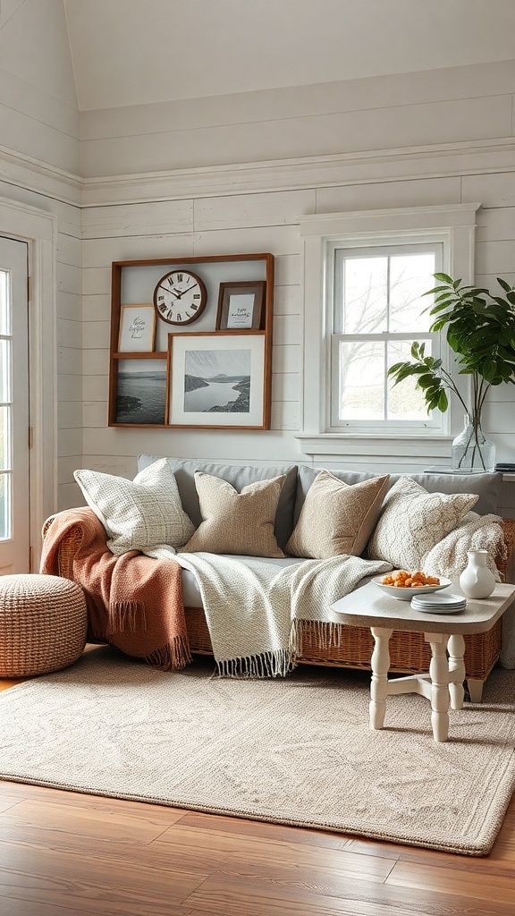 Cozy farmhouse living room with layered textures of throws and pillows on a sofa.