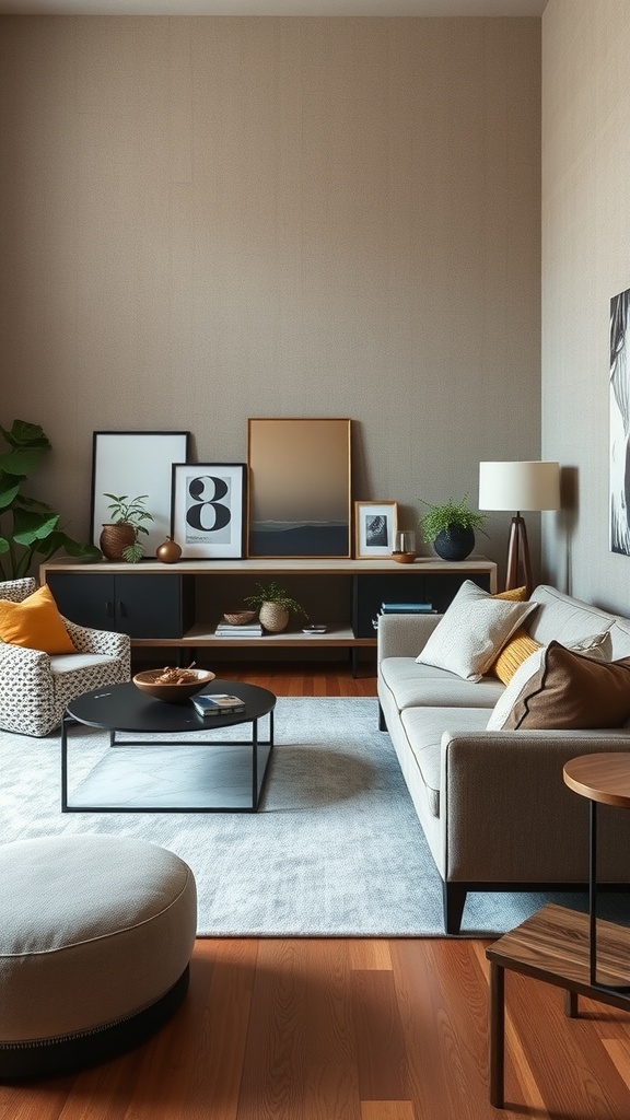 A stylish living room featuring layered textures with cushions, a coffee table, and a rug.