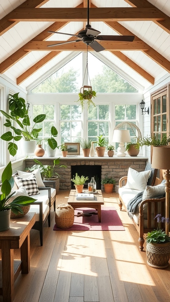 A bright sunroom with wooden beams, cozy seating, and various indoor plants.