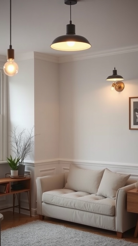 Stylish living room with modern lighting fixtures and a cozy couch.