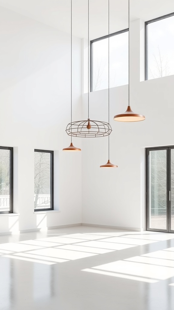 Modern minimalist lighting with pendant lights in a spacious room.
