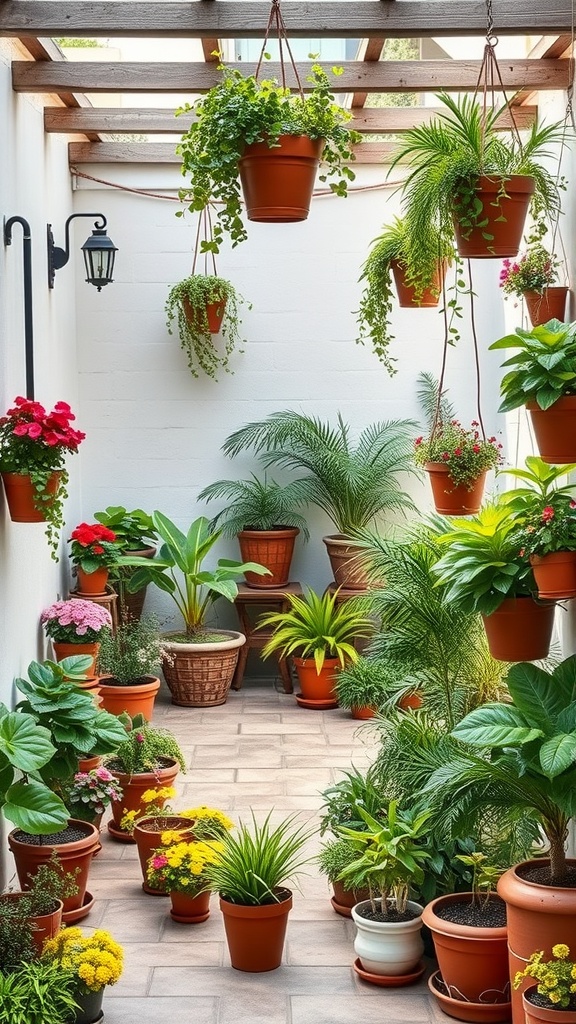 A vibrant patio filled with various potted plants and hanging greenery, showcasing a cozy outdoor space.