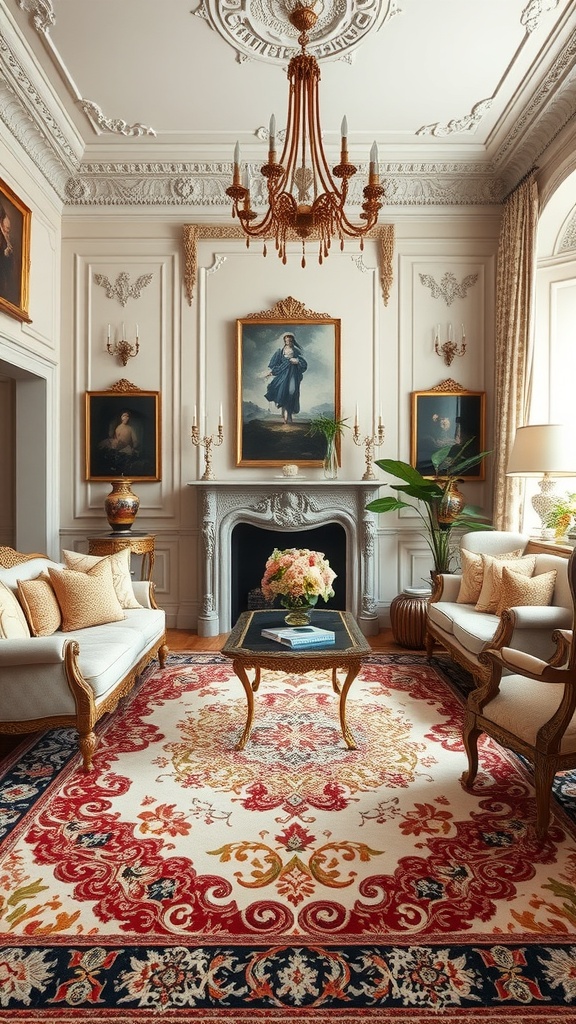 A luxurious Rococo living room with ornate furniture and a beautiful area rug.