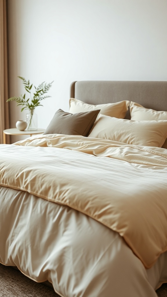 A beautifully made bed with soft neutral bedding and decorative pillows.