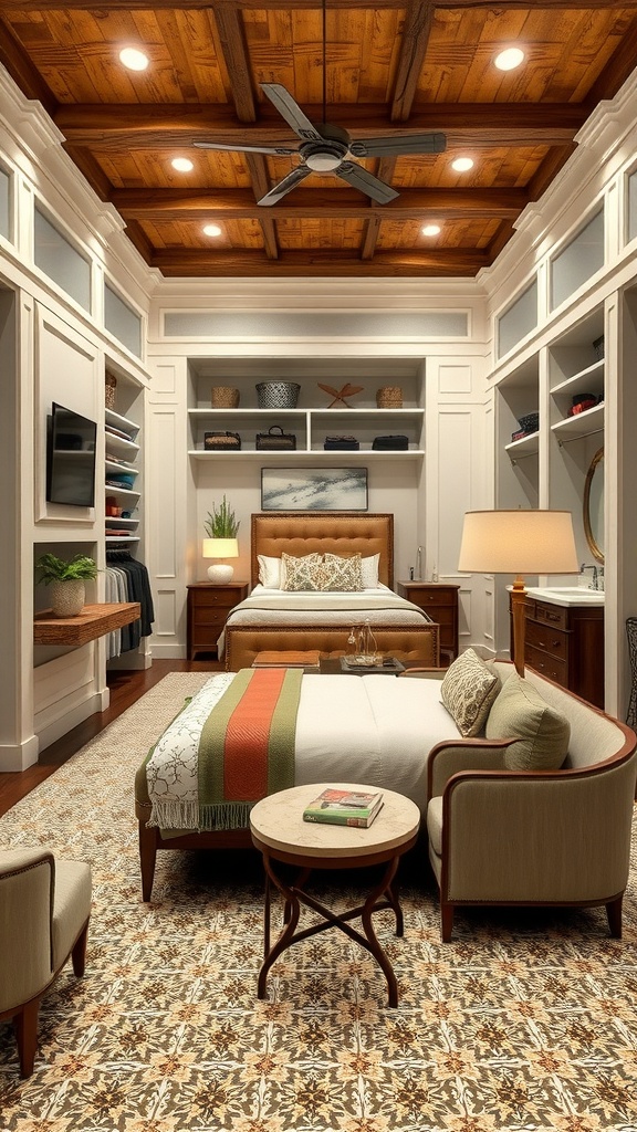 Luxurious master suite with a cozy bed, stylish decor, and ample storage.