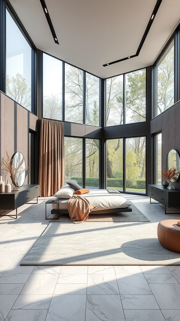 A modern master suite with large windows and stylish decor.