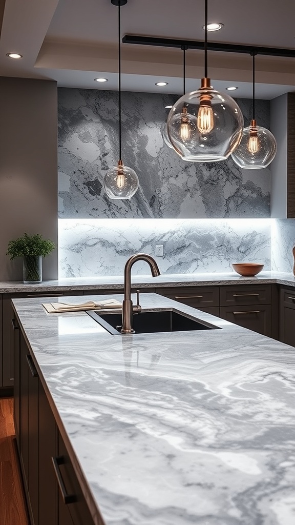 A stylish kitchen featuring luxurious onyx countertops with modern lighting.