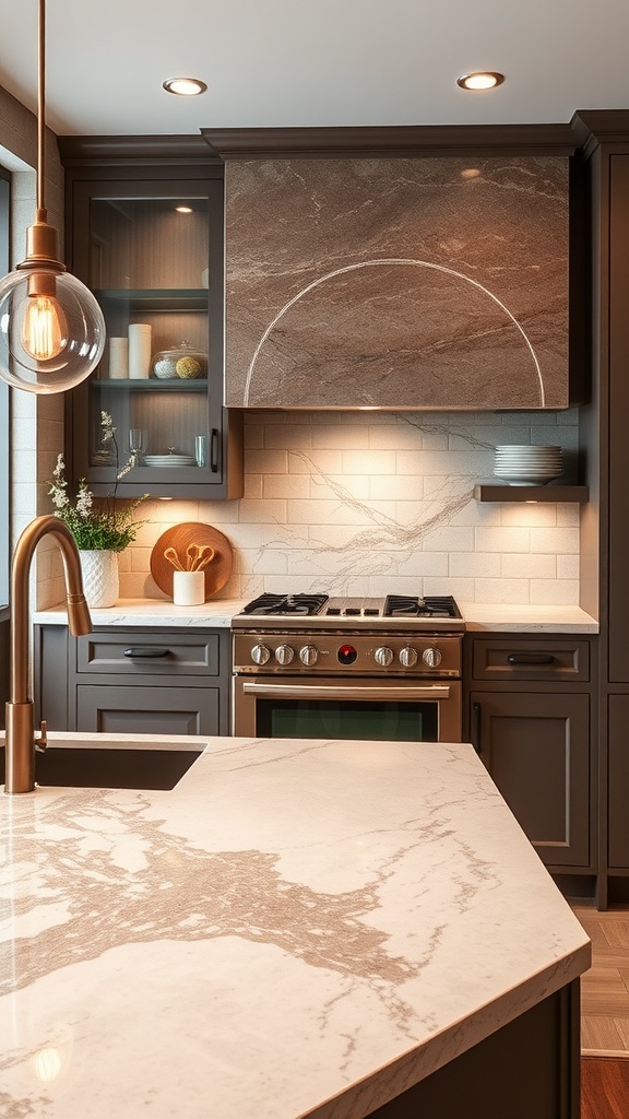Luxurious quartzite kitchen countertop with modern appliances and cabinetry.