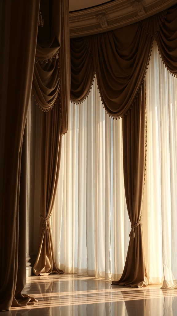 Interior of a room with luxurious velvet drapes, elegant furniture, and warm lighting.