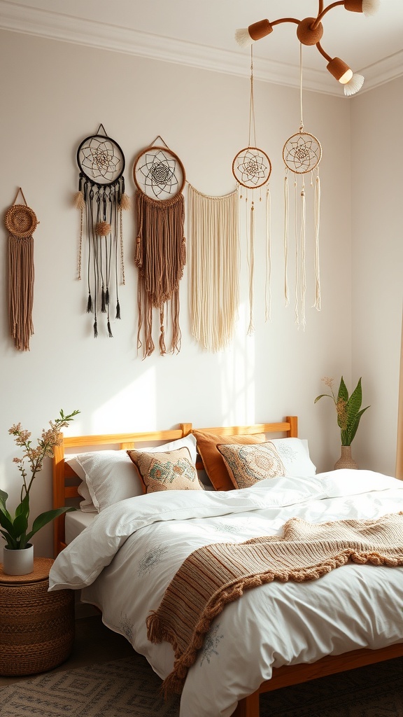 A cozy boho chic bedroom featuring macrame dreamcatchers on the wall, a wooden bed with decorative pillows, and a plant beside the bed.