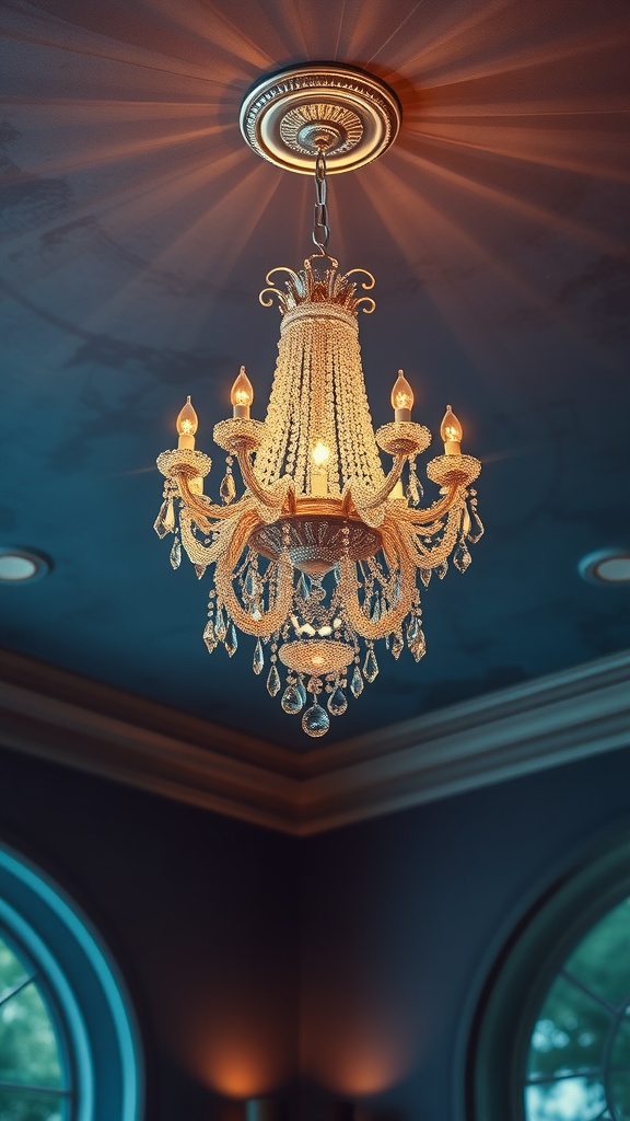 A majestic crystal chandelier hanging from a ceiling, illuminating a luxurious room.