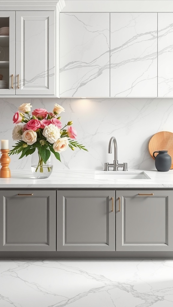 A modern kitchen featuring a marble countertop with a flower vase and stylish kitchenware.