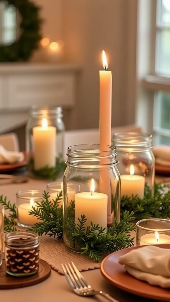Mason jar candle holders with candles and greenery on a dining table