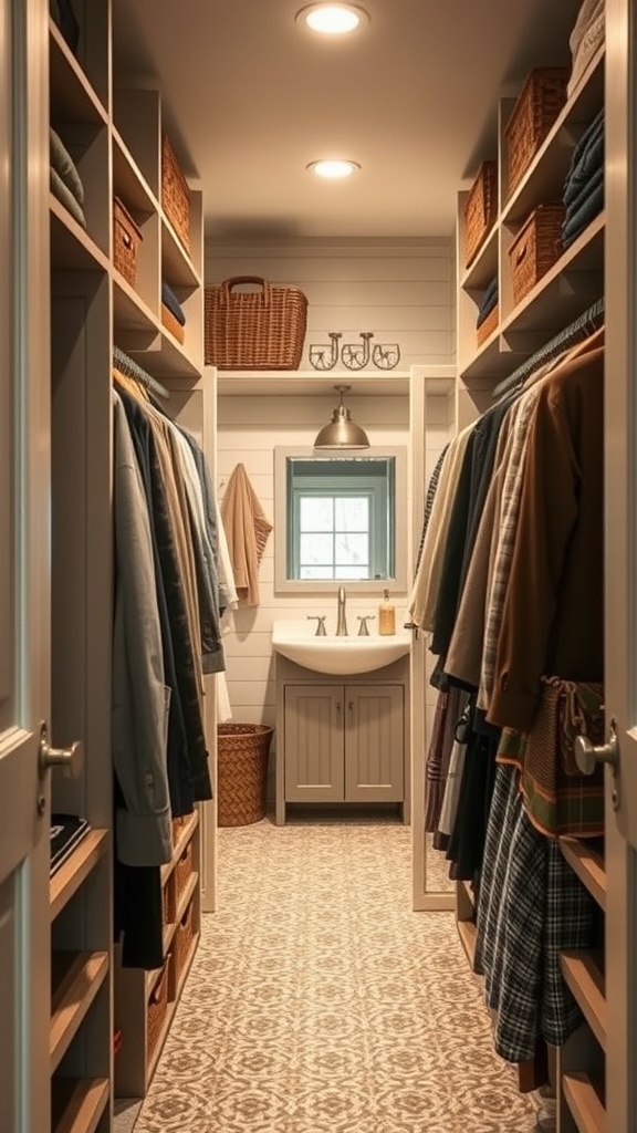 A well-organized closet with shelves, hanging clothes, and baskets.