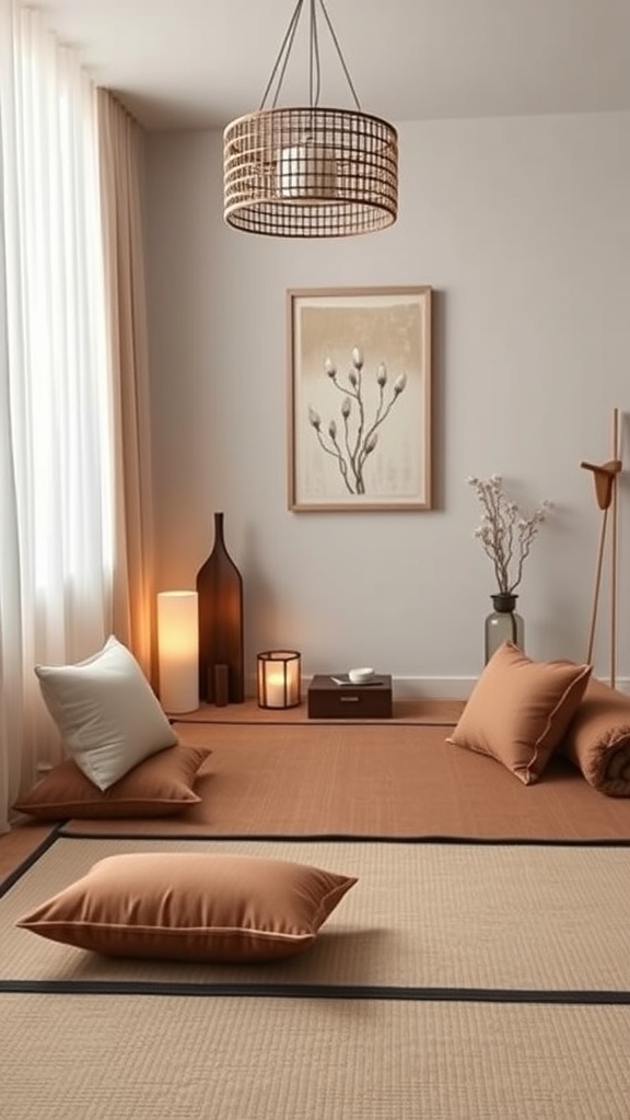 A serene meditation corner featuring soft cushions, warm lighting, and calming decor.