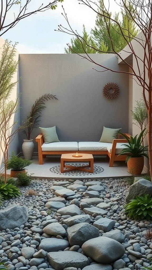 A tranquil outdoor seating area with a wooden couch, a small table, and a stone pathway surrounded by greenery.