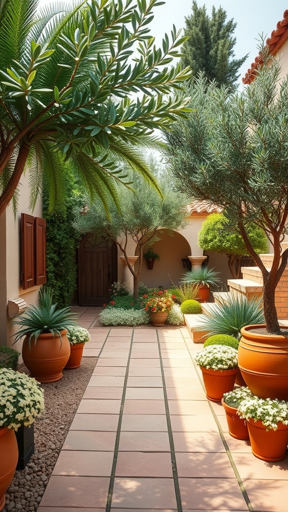 A Mediterranean courtyard garden featuring terracotta pots, vibrant flowers, and lush greenery along a cozy pathway.
