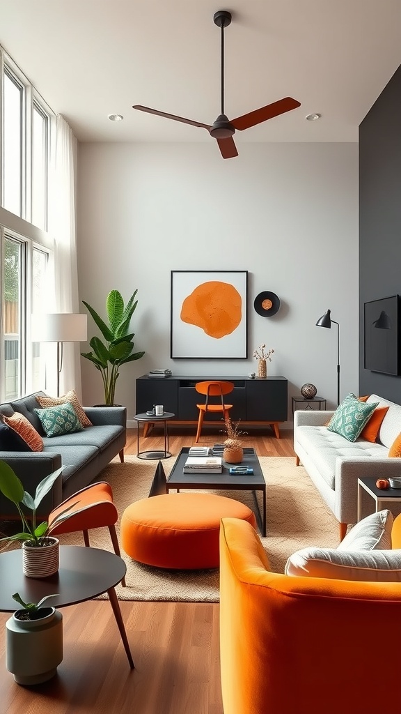 A mid-century modern living room featuring orange accents, sleek furniture, and a touch of greenery.
