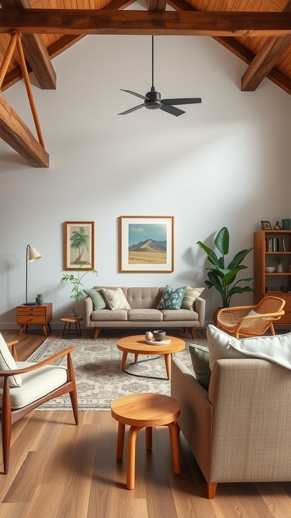 A cozy living room featuring mid-century modern furniture with rustic wooden beams and warm textiles.