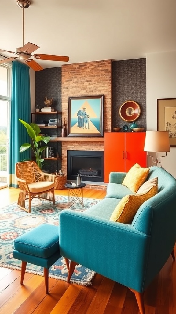 A cozy living room featuring mid-century vintage decor with orange walls, a fireplace, and stylish furniture.
