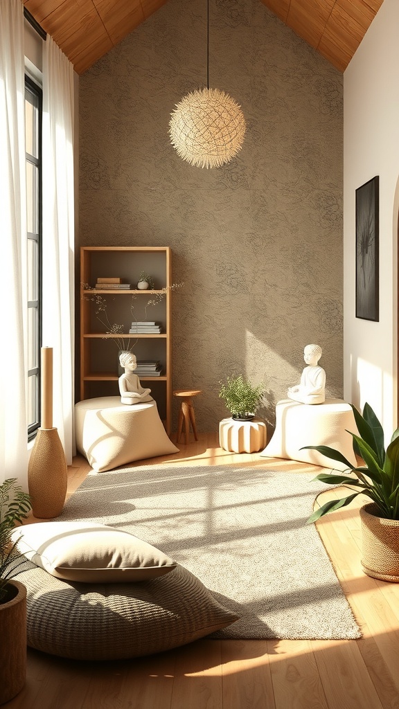 A serene interior space with soft lighting, natural elements, and a cozy layout.