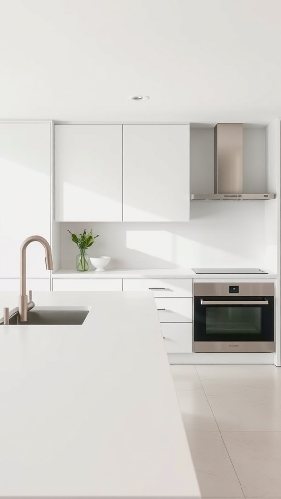 A minimalist kitchen featuring white Corian countertops, sleek cabinetry, and modern appliances.
