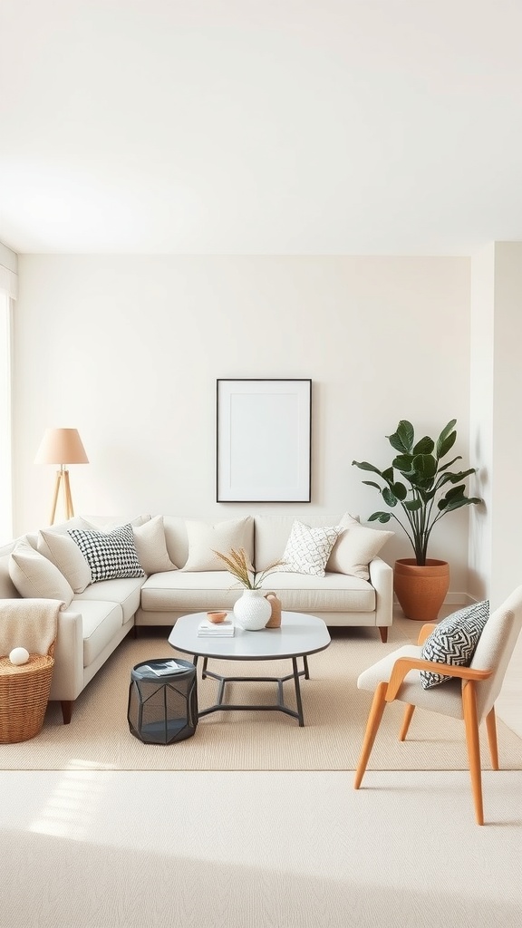 A minimalist living room featuring neutral tones with a cozy sofa, a round coffee table, and a potted plant.