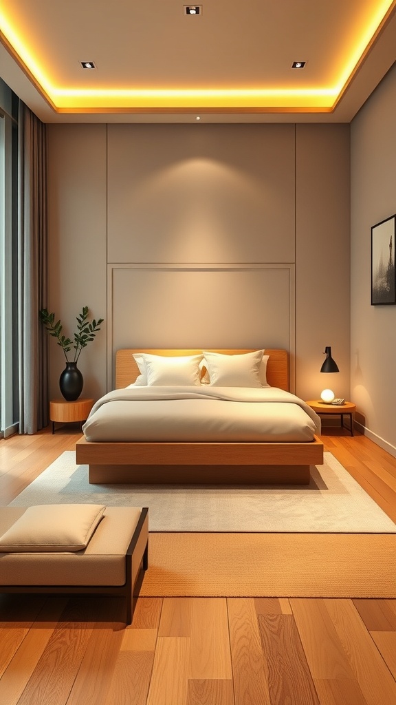 A minimalist Japandi bedroom featuring a wooden bed, soft bedding, and warm lighting.