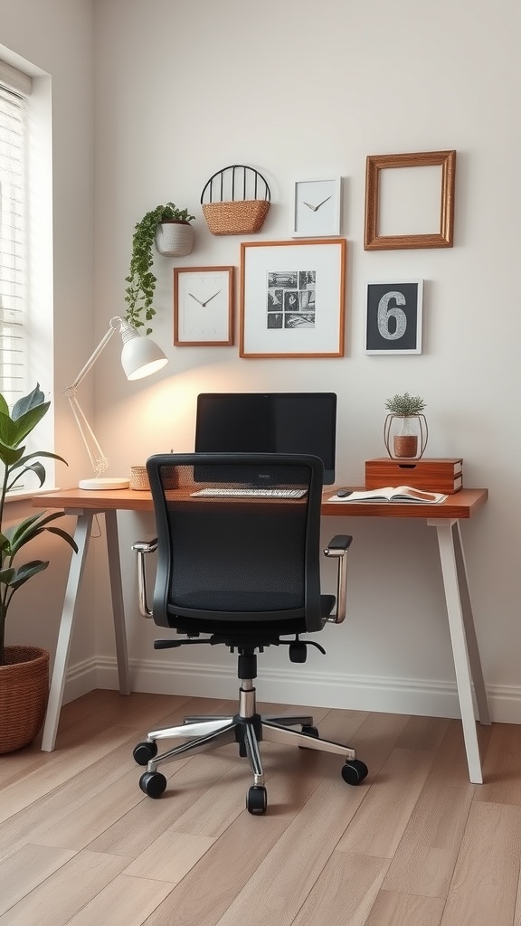 A minimalist home office featuring a desk, computer, and decorative wall art.