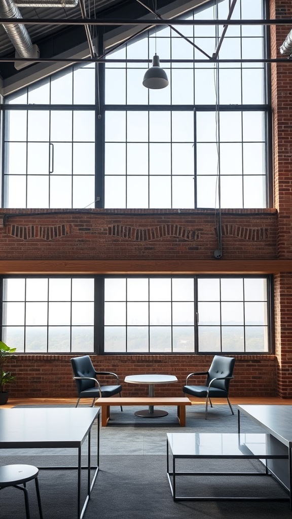 A spacious interior featuring exposed brick walls, metal accents, and minimalist furniture.
