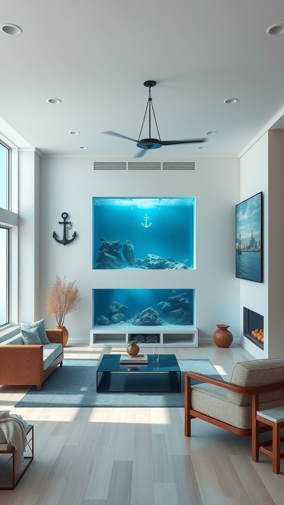 A modern living room featuring minimalist nautical decor, including an anchor and an aquarium.