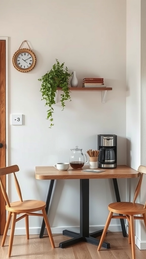 A minimalist rustic coffee nook featuring a wooden table, two chairs, a coffee maker, and a plant.
