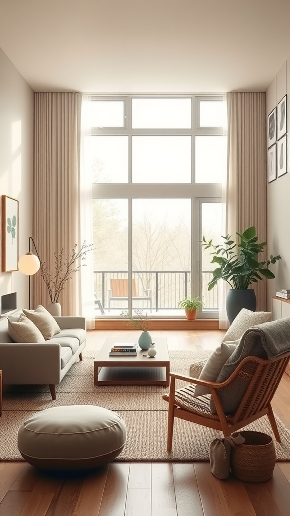 A minimalist Scandinavian living room featuring a light color palette, natural materials, and large windows.