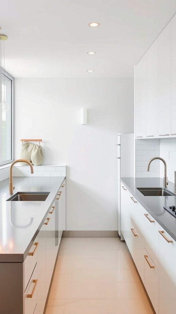 A modern kitchen featuring minimalist stainless steel countertops with white cabinets and warm lighting.