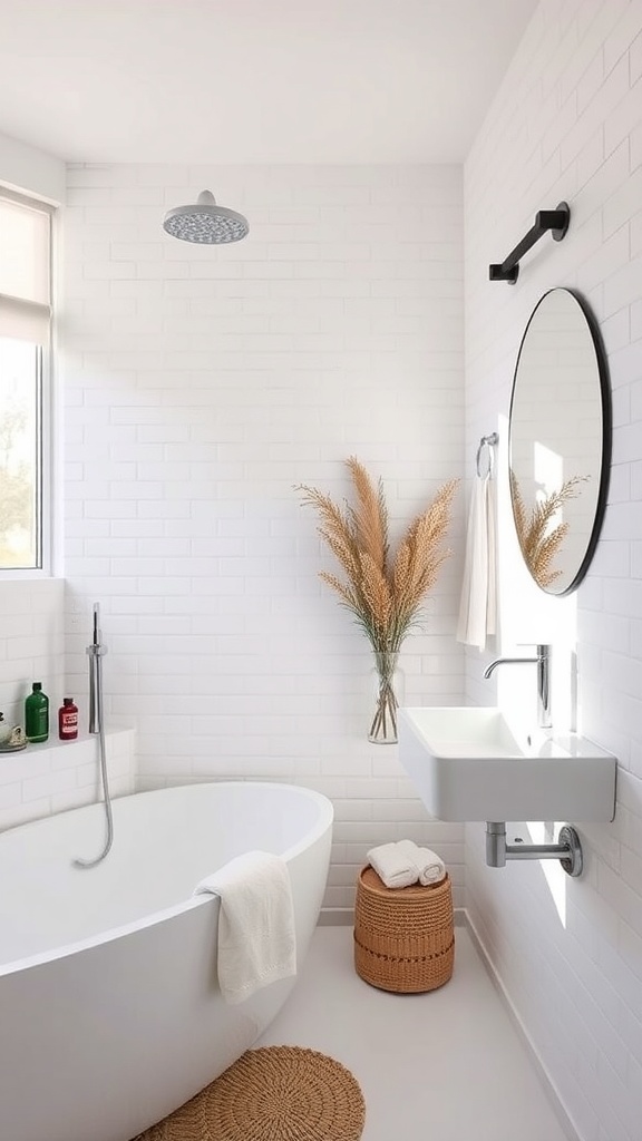 A minimalist white bathroom featuring a freestanding tub, modern sink, and natural decor.