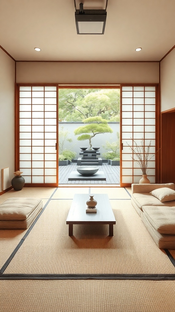 A minimalist Japanese living room with wooden elements, tatami mats, and a view of a serene garden.