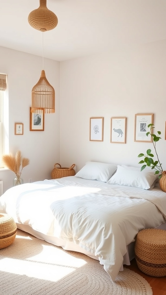 A serene bedroom with a minimalist design featuring a bed, woven baskets, and natural light.