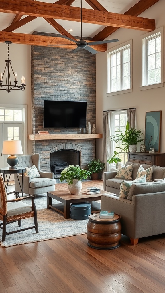 A contemporary farmhouse living room featuring modern furniture and vintage wooden beams.