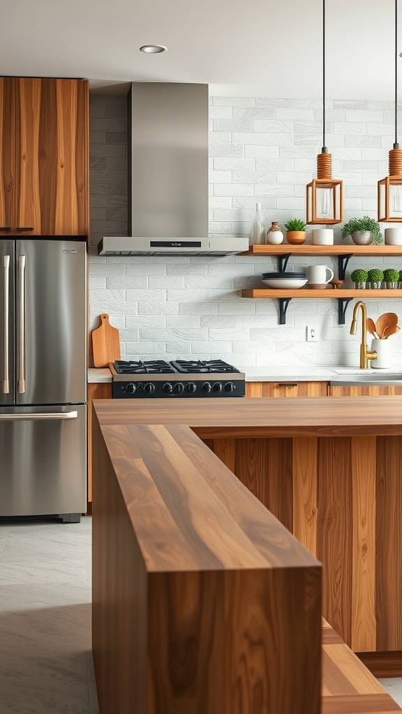 A modern kitchen featuring a mix of wood and metal materials on the countertops.