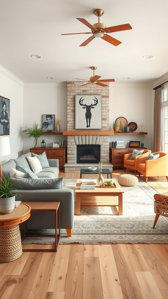 A stylish living room featuring a mix of modern and rustic elements with a brick fireplace, comfortable seating, and warm wood tones.
