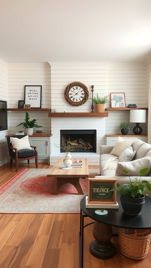 A cozy living room featuring a mix of modern and vintage elements, including a stylish sofa, wooden coffee table, and decorative plants.