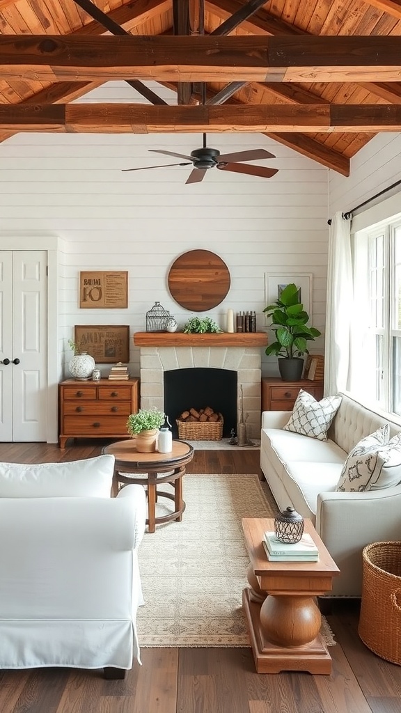 A cozy farmhouse living room with a mix of modern and vintage elements.