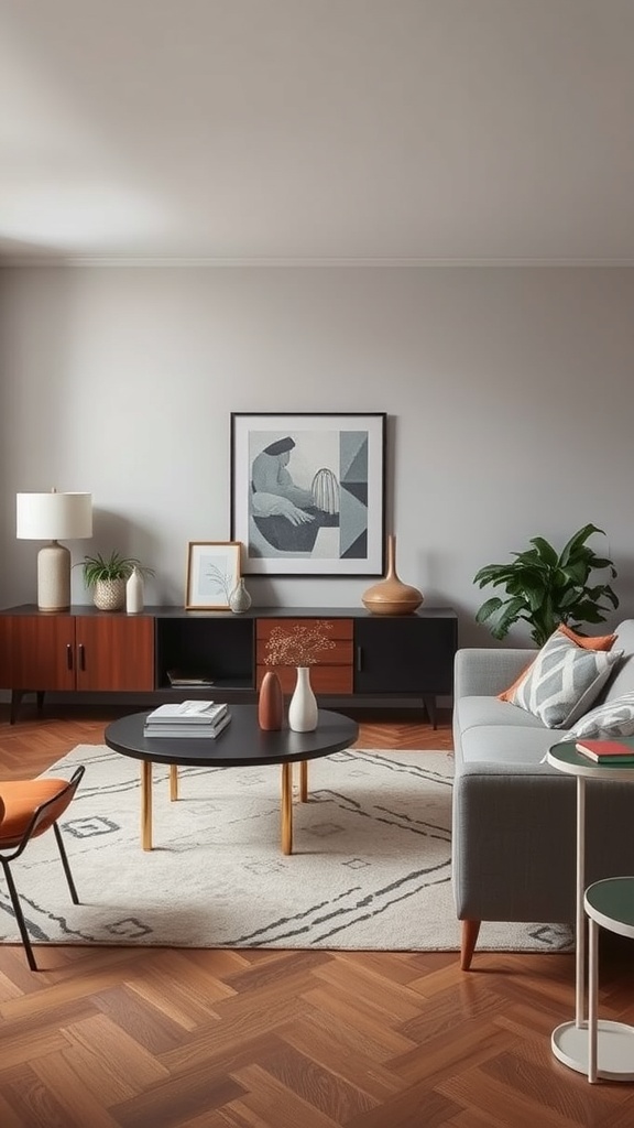 A stylish living room featuring a modern sofa and vintage cabinet, creating a cozy atmosphere.