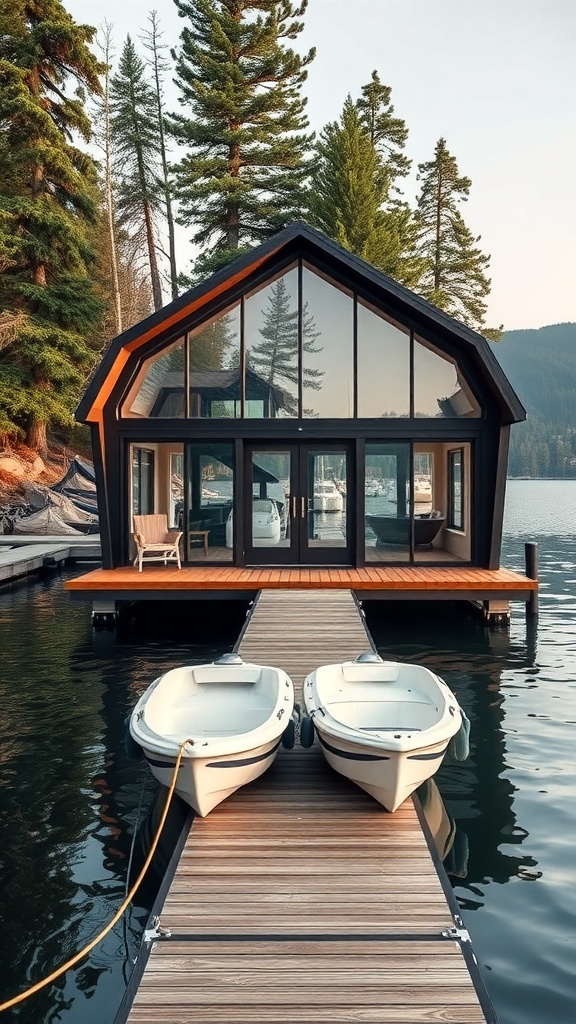A modern dockside cabin with large windows and a wooden deck by the water.