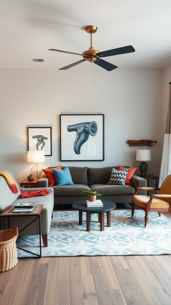 A modern eclectic living room featuring a mix of colors, furniture styles, and artwork.