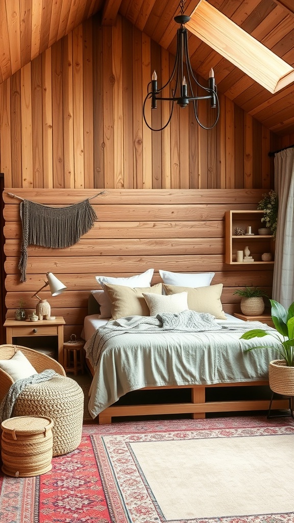 A cozy bedroom featuring wooden walls, a comfortable bed with soft pillows, and stylish decor.